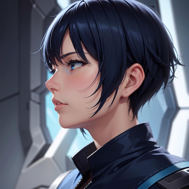 Cute girl back short hair anime scifi background generative AI illustration art