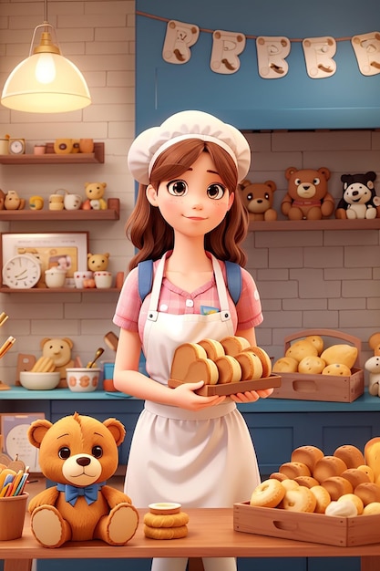 Cute girl baker and teddy bear with bread shop element hand drawn cartoon illustration