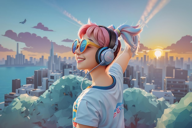 a cute girl beautiful sunglasses enjoying music with earphones Illustrator