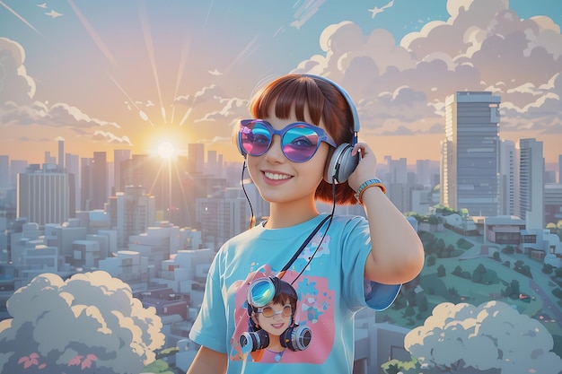 かわいい女の子美しいサングラスイヤホンで音楽を楽しむイラストレーター