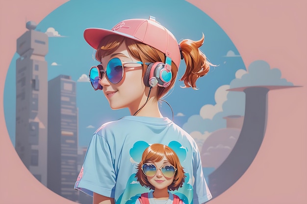 a cute girl beautiful sunglasses enjoying music with earphones Illustrator