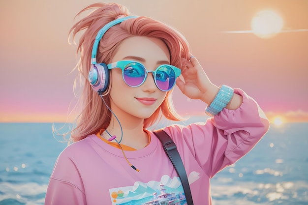 a cute girl beautiful sunglasses enjoying music with earphones Illustrator