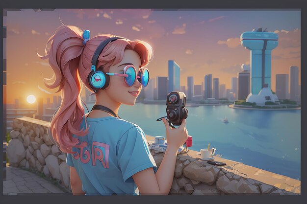 a cute girl beautiful sunglasses enjoying music with earphones Illustrator