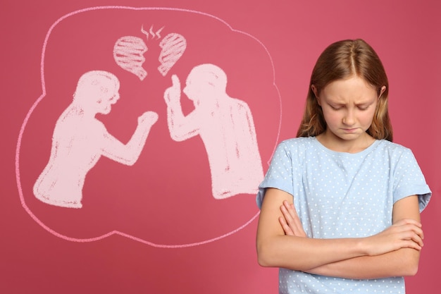 Cute girl because of parents divorce on pink background Illustration of broken heart and arguing couple