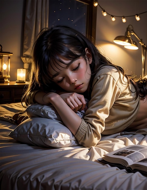 Cute girl in bed pillow blanket sleeping