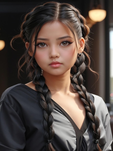 A cute girl black eye twisted braid black top