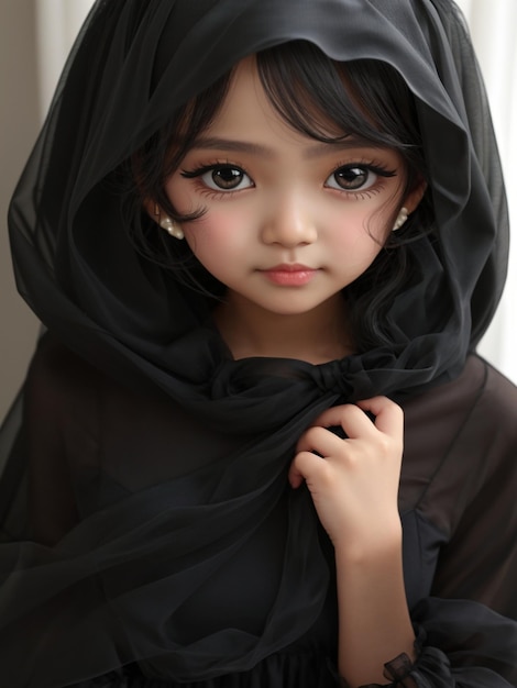 A cute girl black eye wearing scarf black dress