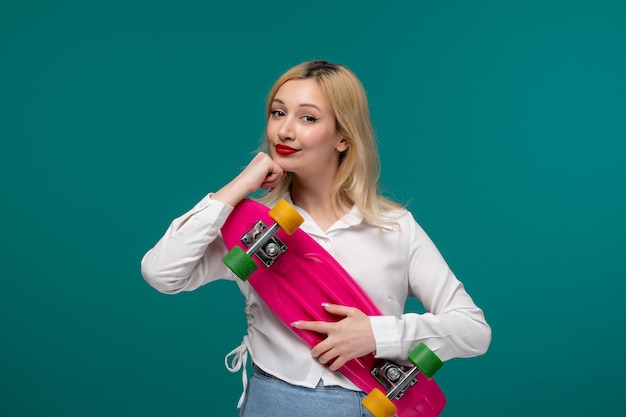 Cute girl blonde beautiful young girl in a white neat shirt thinking holding skateboard