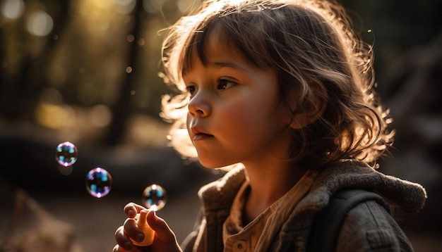 Cute girl blowing bubbles enjoying autumn outdoors generated by AI