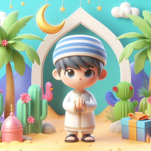 Cute Girl And Boy 3D character Moslem Celebrating Eid Mubarak Cartoon Illustration People Religion