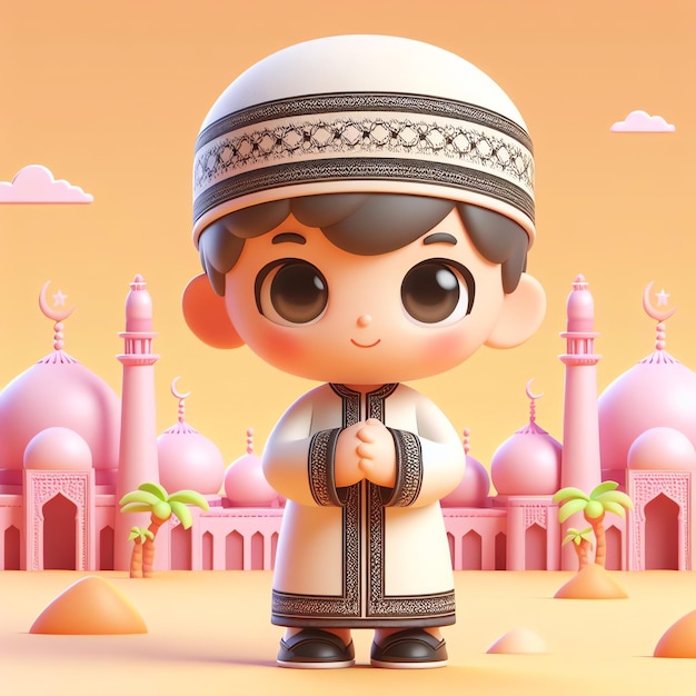 Cute Girl And Boy 3D character Moslem Celebrating Eid Mubarak Cartoon Illustration People Religion