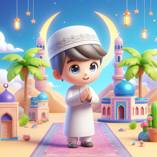 Cute Girl And Boy 3D character Moslem Celebrating Eid Mubarak Cartoon Illustration People Religion