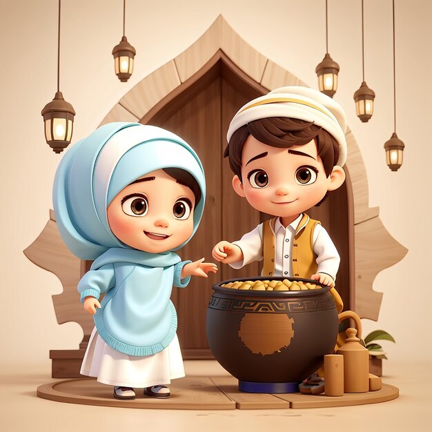 Cute girl and boy moslem celebrating eid mubarak with bedug drum cartoon vector icon illustration