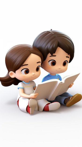 A cute girl and boy reading a book happy