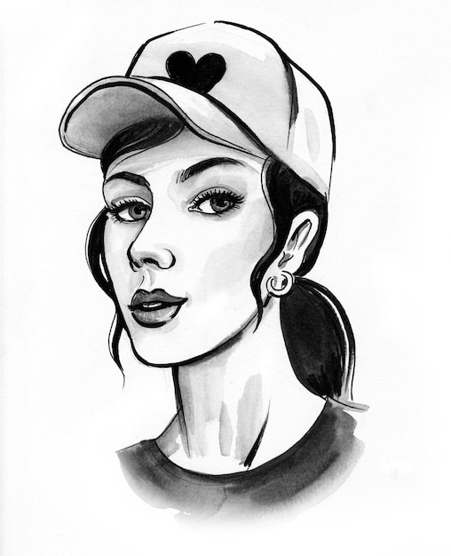 Cute girl in cap. Ink black and white drawing