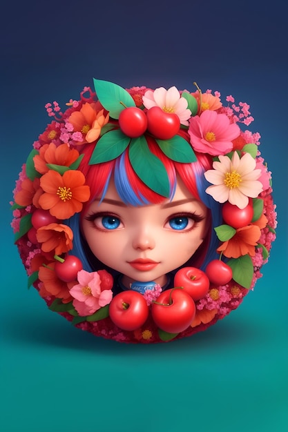 丸い花とフルーツのフレームでデザインされた可愛い女の子のキャラクター
