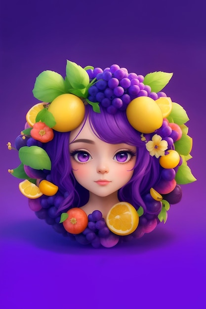 Photo cute girl character designed with round flowers and fruit frame