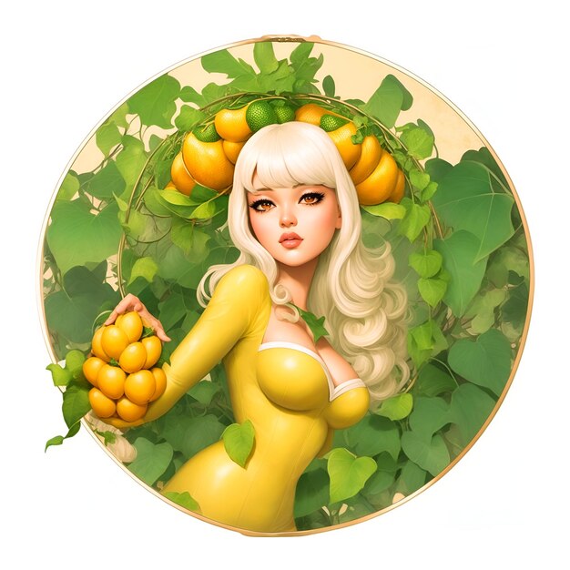 Photo cute girl character designed with round flowers and fruit frame