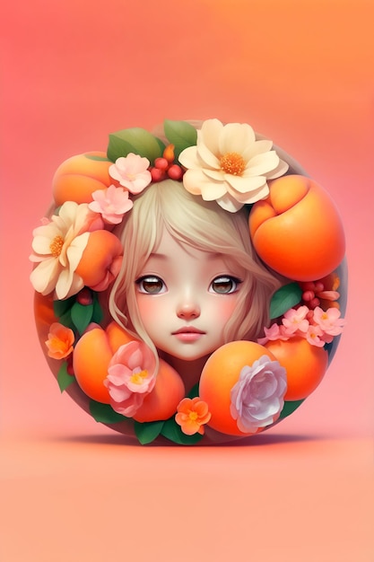 Cute girl character designed with round flowers and fruit frame