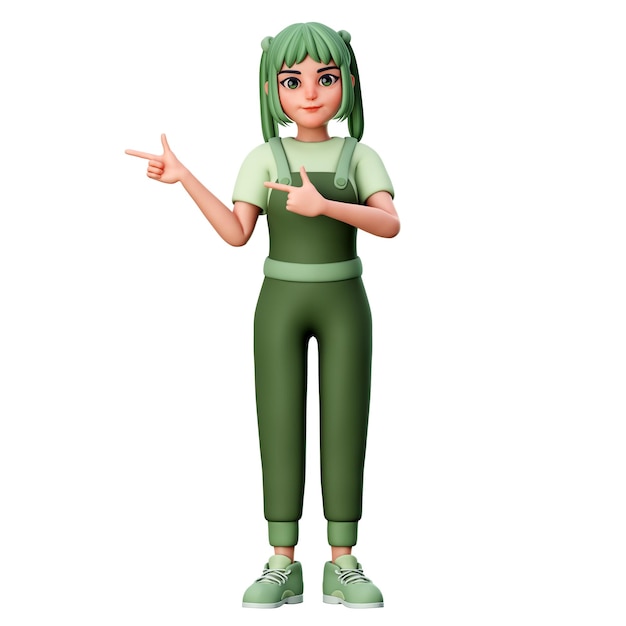 両手 3 D レンダリング図を使用して左側を指すかわいい女の子のキャラクター