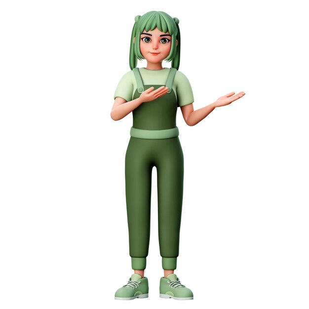 Photo cute girl character presenting to right side using both hand 3d render illustration