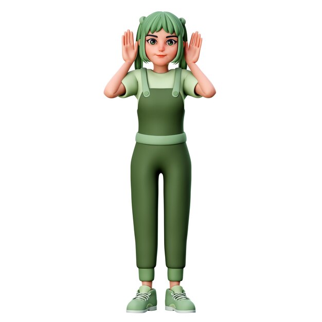 写真 両手を開いて耳の近くに置き、3dレンダリングイラストを聞くかわいい女の子のキャラクター