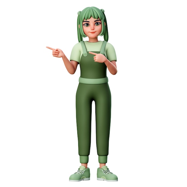 Photo cute girl character with pointing to left side gesture using both hand 3d render illustration