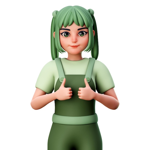 両手 3 D レンダリング図を使用して親指を立てるかわいい女の子のキャラクター