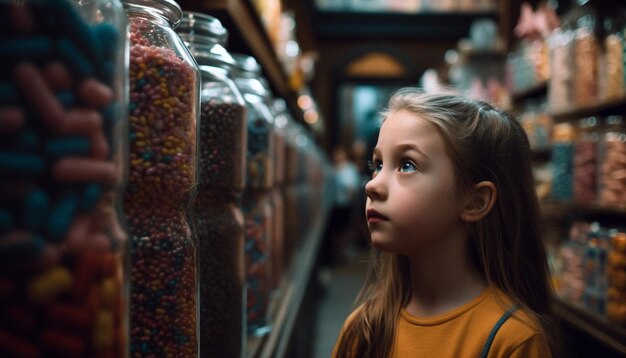 Foto una ragazza carina che sceglie la frutta al supermercato sorridendo felicemente generata dall'intelligenza artificiale