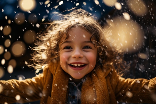 Милая девушка в рождественскую ночь Ребёнок в зимнее праздничное событие на праздничном фоне детской одежды