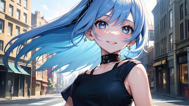 Cute girl in the city anime art for wallpaper