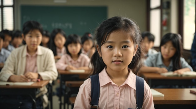 A cute girl in a classroom with her friends at school