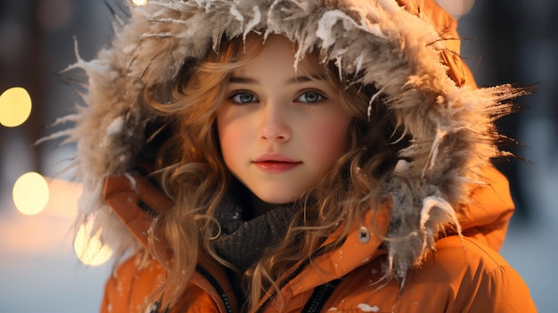 A cute girl in a coat in a winter park