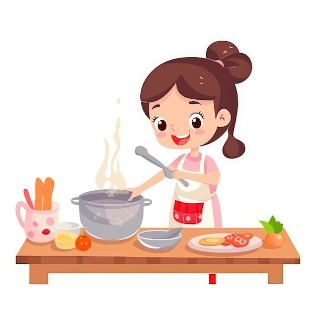 Cute girl cooking in the kitchen Happy little chef kid Generative AI