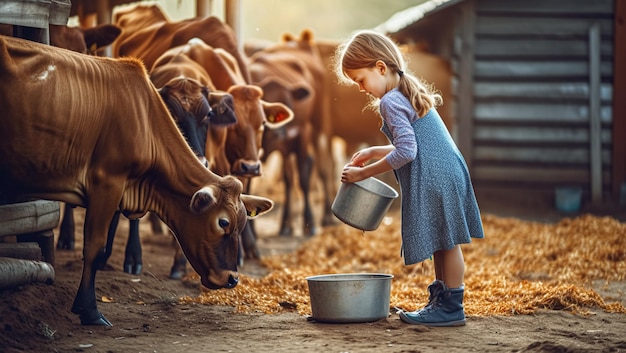 Cute girl and cows girl working on farm and feeding cows created with Generative AI technology