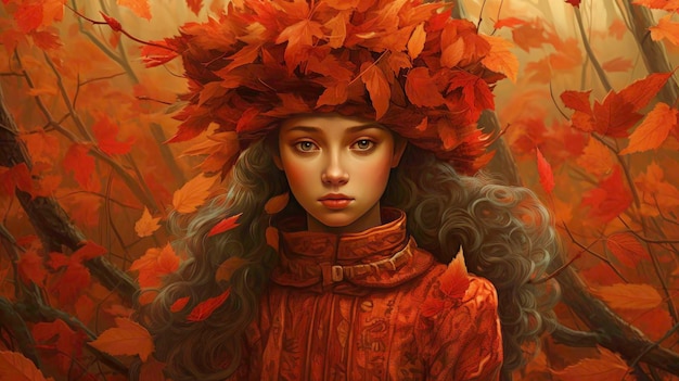 AI によって生成された秋の背景に居心地の良いセーターと帽子をかぶったかわいい女の子