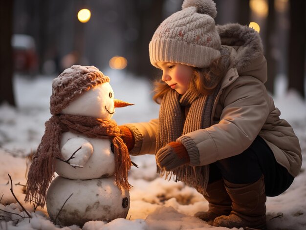 Photo a cute girl decorating snowman with winter coat scarf light at christmas time winter activities