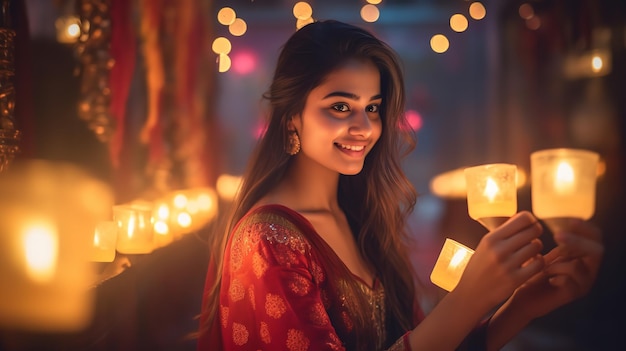 Photo a cute girl in diwali celebration wearing colorful outfit generative ai