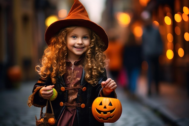 cute girl dressed in Halloween costume outdoors with pumpkins trick or treat bucket ai generated