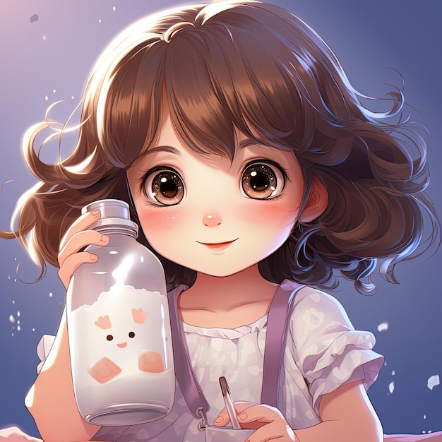 милая девушка пьет молоко из стеклянной бутылки в стиле каваи-шарм