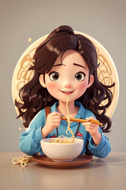 Cute girl eating noodle logo banner hand drawn cartoon art illustration