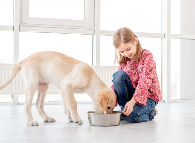 Cute girl feeding dog