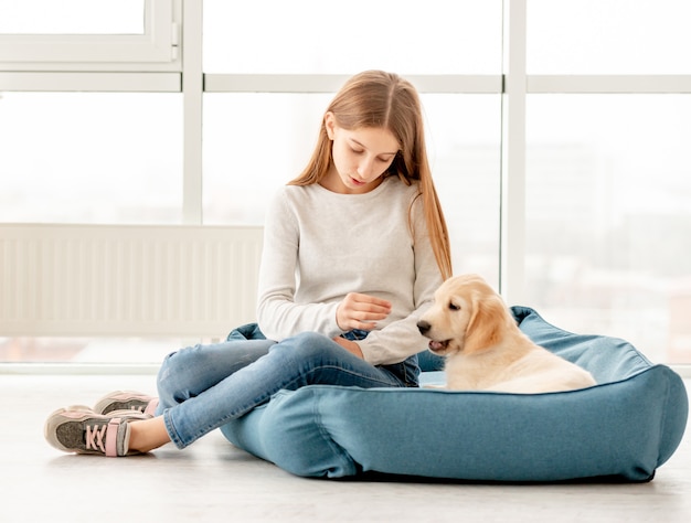 Cute girl feeding puppy