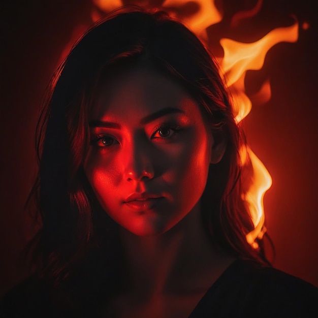 Foto ragazza carina fuoco ragazza bruciante fiamma pittura d'arte digitale illustrazione donna fuoco anima illuminata