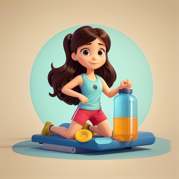 Photo cute girl fitness holding bottle and mattress cartoon vector icon illustration people sport icon concept isolated premium vector flat cartoon style