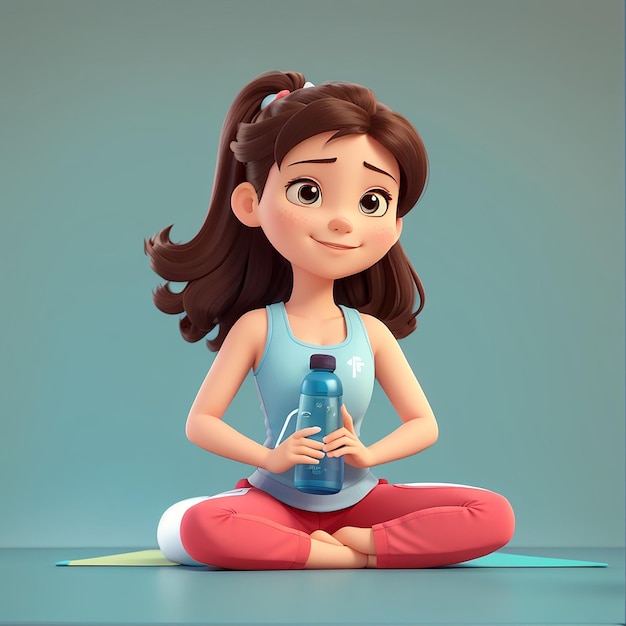 Cute Girl Fitness Holding Bottle and Mattress Cartoon Vector Icon Illustration People Sport Icon Concept Isolated Premium Vector Flat Cartoon Style