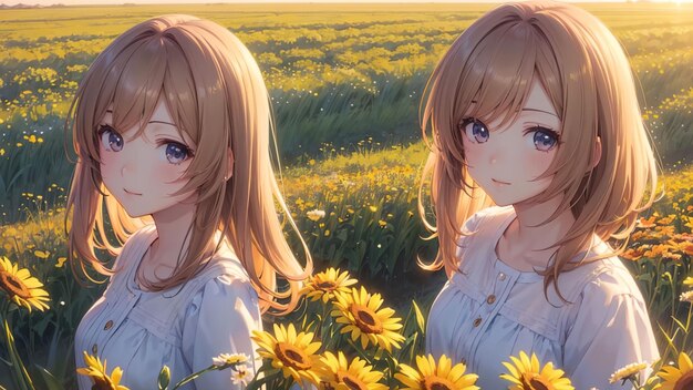 Cute girl in the flower field anime style