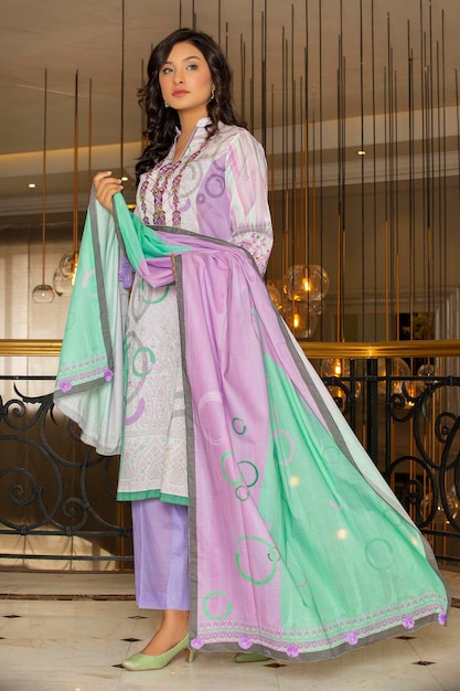 Cute Girl Front Pose Wearing Traditional Purple Dress for Fashion shoot