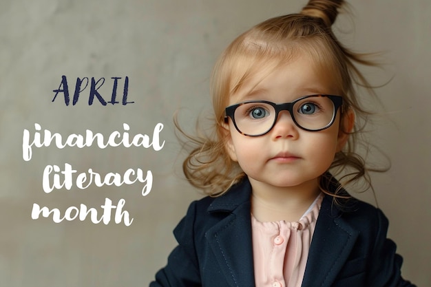 Cute girl in glasses and suit Financial literacy month sign