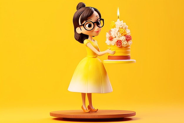 Photo cute girl in glasses with birthday cake and flowers on yellow background